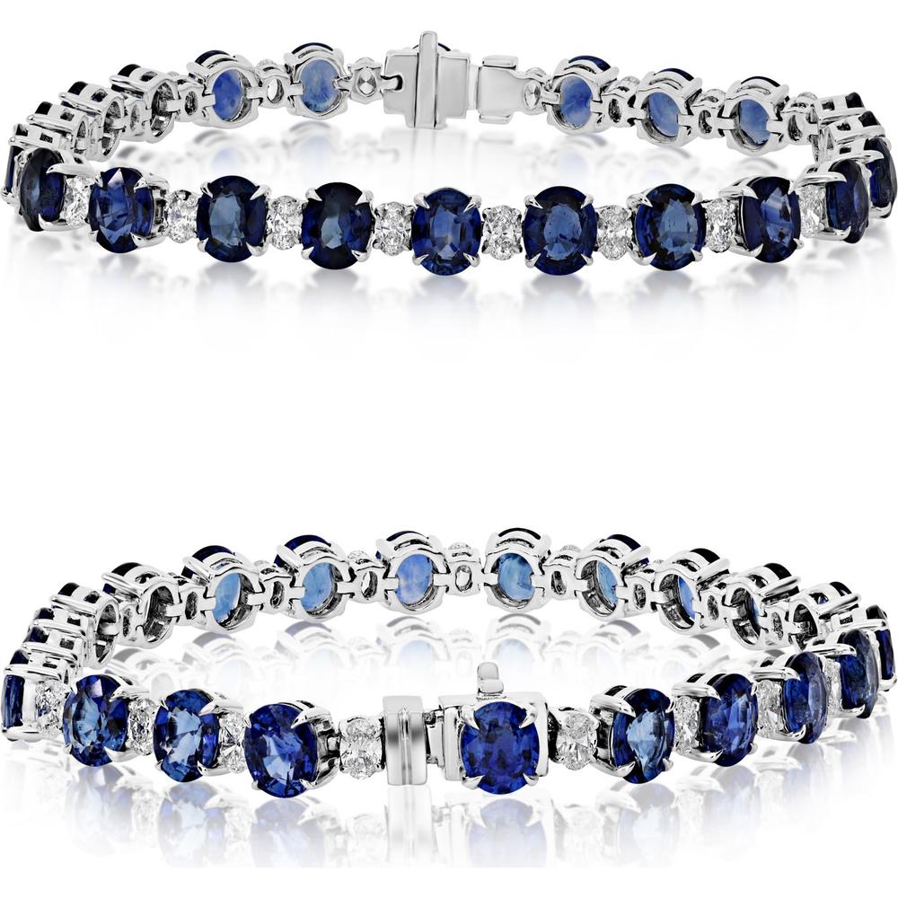 Roman & Jules - Platinum Tennis Bracelet with North-South Oval Sapphires and Diamond Accents - 16.82 Carat Total Sapphire Weight