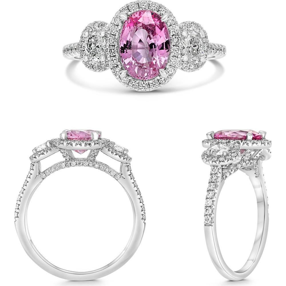 Roman & Jules - Platinum Three-Stone Halo Ring with 1.17 Carat Oval Pink Sapphire and 0.45 Carat Round & 0.15 Carat Oval Diamond Accents