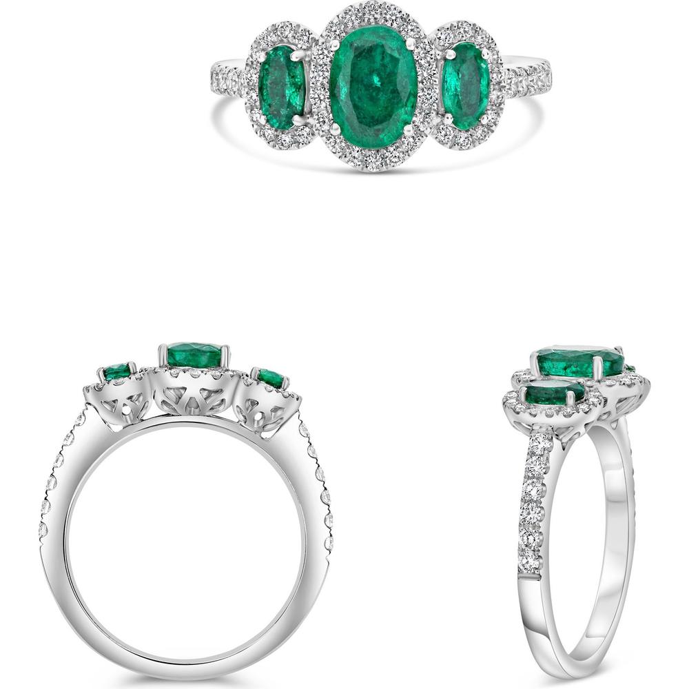 Roman & Jules - Platinum Three-Stone Oval Emerald Ring with Diamond Halos - 1.20 Carat Total Emerald Weight, 0.43 Carat Total Diamond Weight