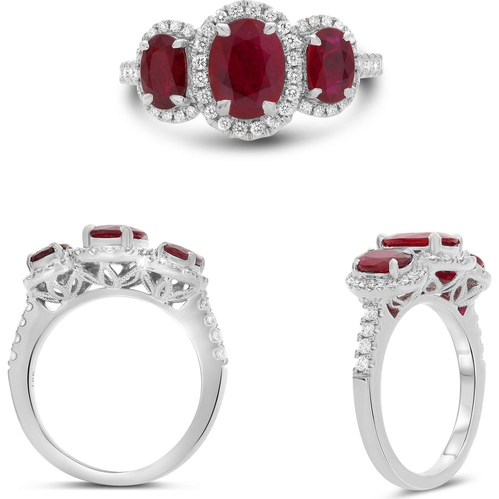 Roman & Jules - Platinum Three-Stone Oval Ruby and Diamond Halo Ring - 1.33 Carat Ruby and 0.43 Carat Diamond Total Weight