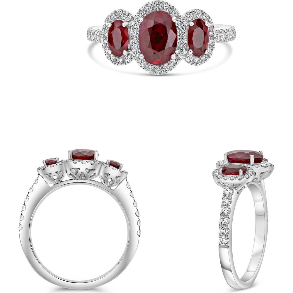 Roman & Jules - Platinum Three-Stone Oval Ruby Ring with Diamond Halos - 1.80 Carat Total Ruby Weight and 0.42 Carat Total Diamond Weight