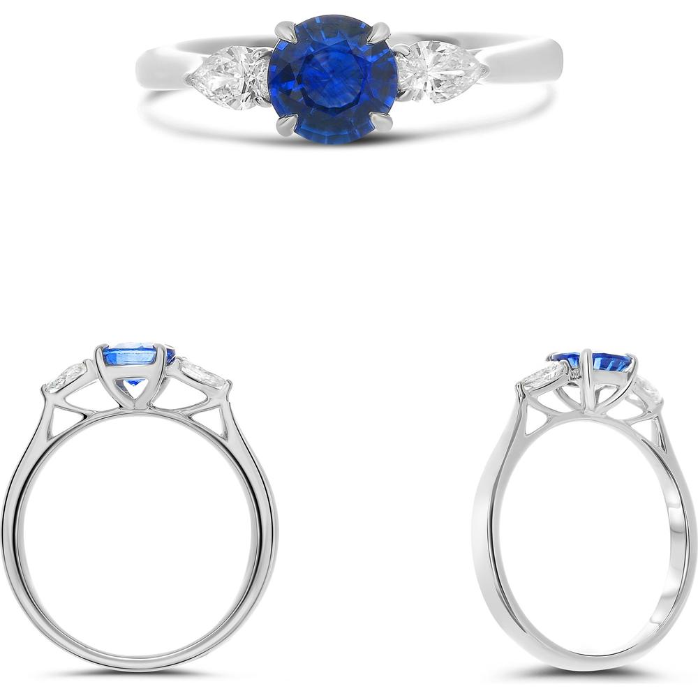 Roman & Jules - Platinum Three-Stone Ring with 1.38 Carat Round Sapphire and 0.34 Carat Pear-Shaped Diamonds