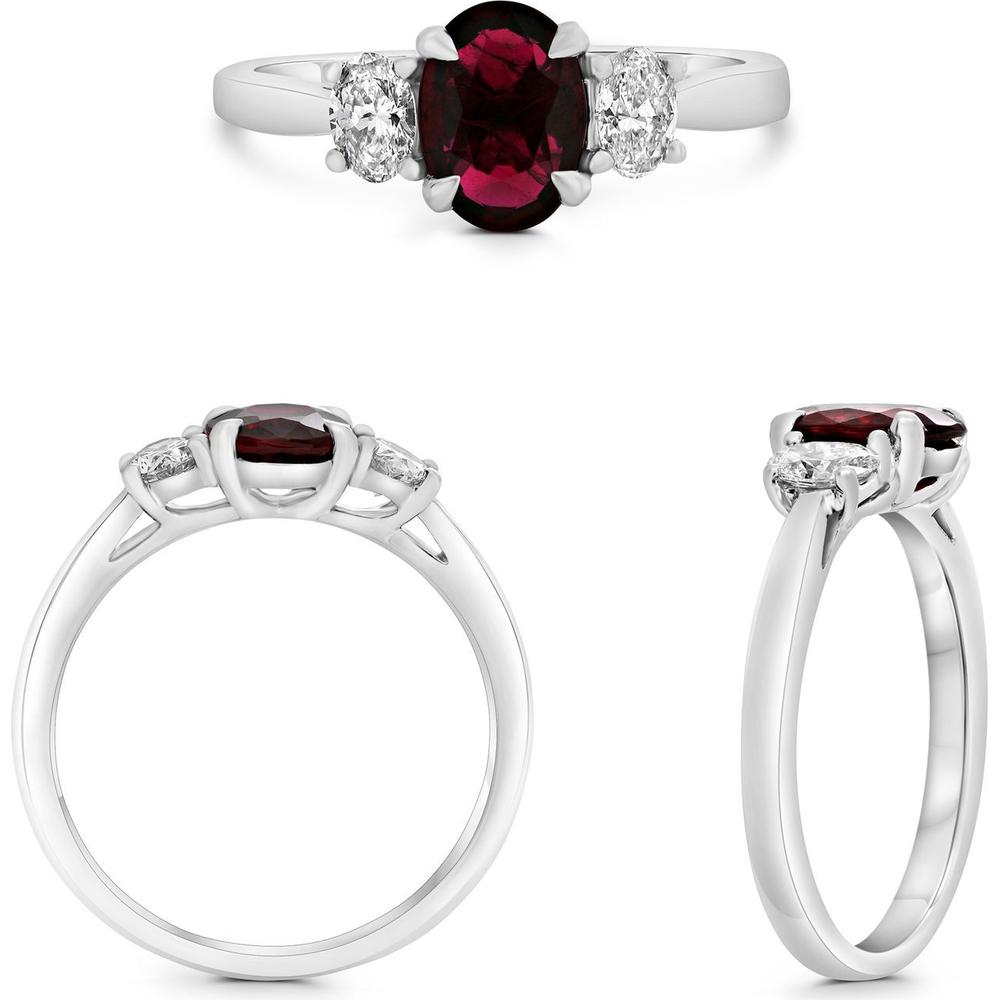 Roman & Jules - Platinum Three-Stone Ring with 1.52 Carat Oval Ruby and Oval Diamond Accents