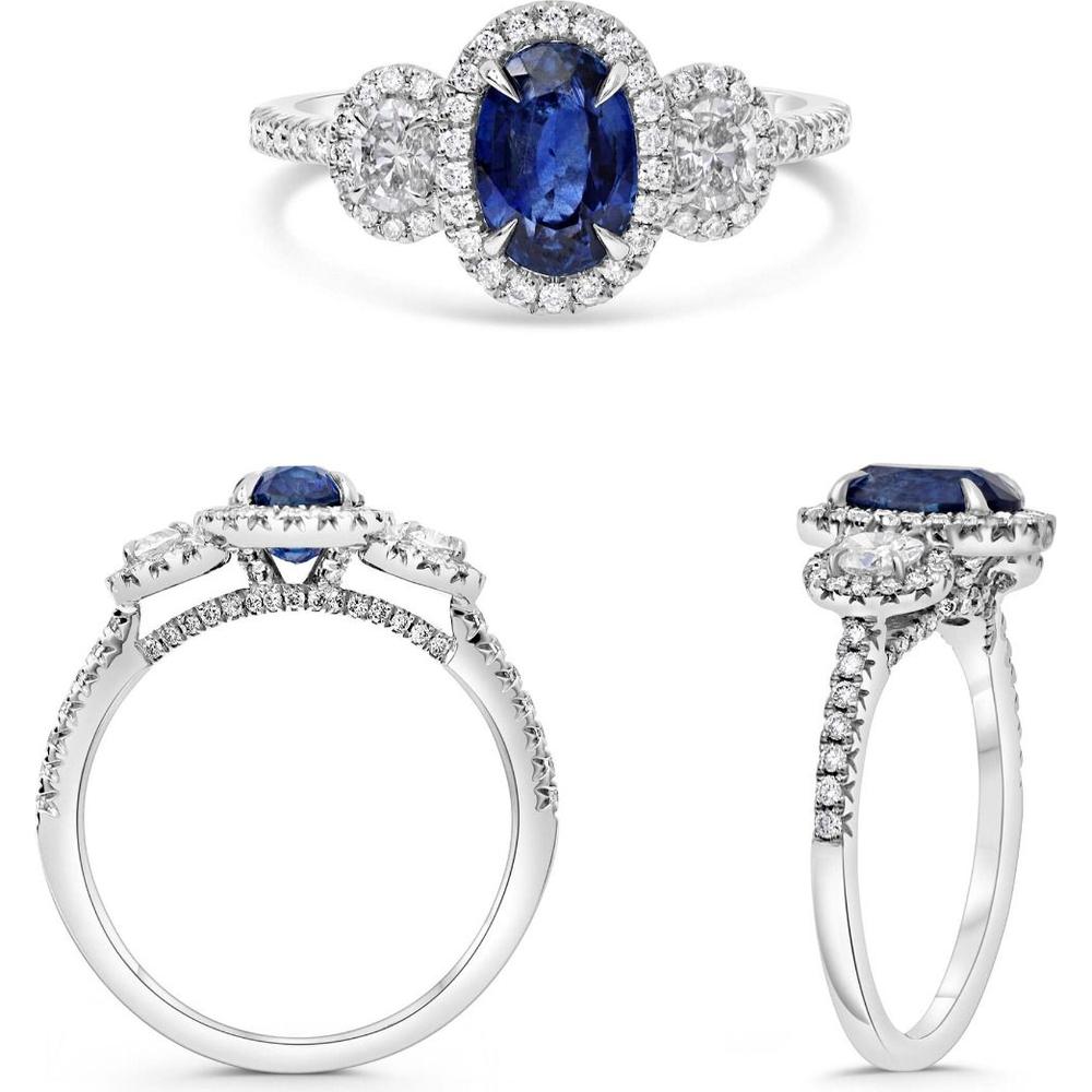 Roman & Jules - Platinum Three-Stone Ring with 1.61 Carat Oval Sapphire and 0.35 Carat Round Diamonds