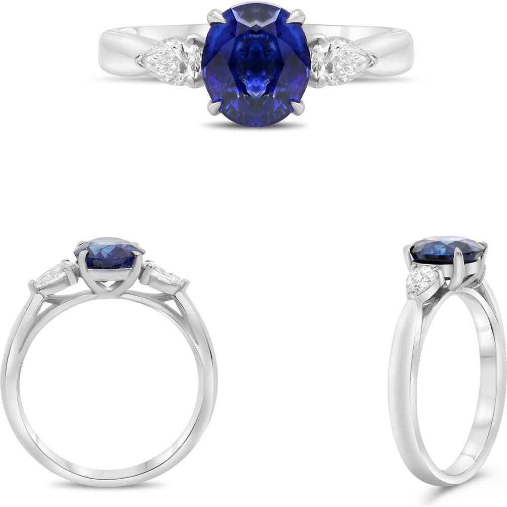 Roman & Jules - Platinum Three-Stone Ring with 1.67 Carat Oval Sapphire and Pear-Shaped Diamonds
