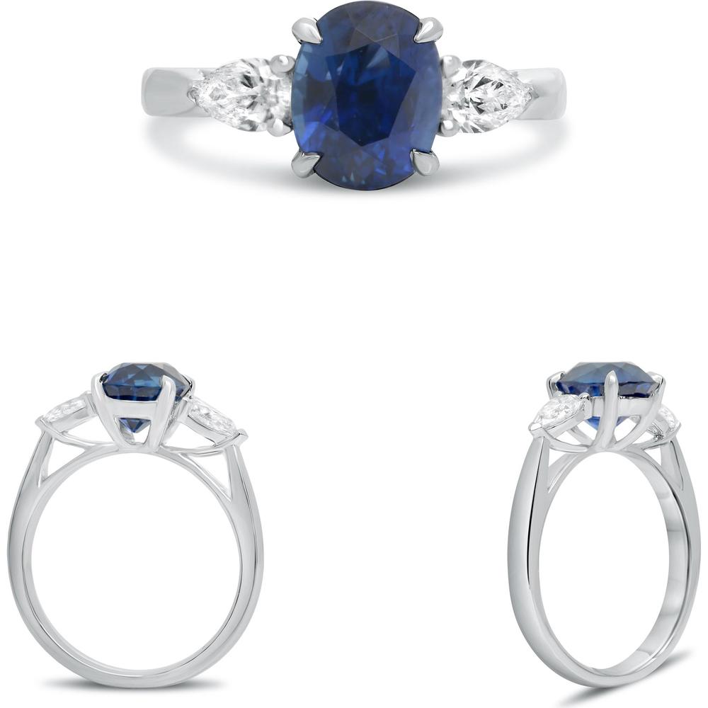 Roman & Jules - Platinum Three-Stone Ring with 1.69 Carat Oval Sapphire and Pear-Shaped Diamonds