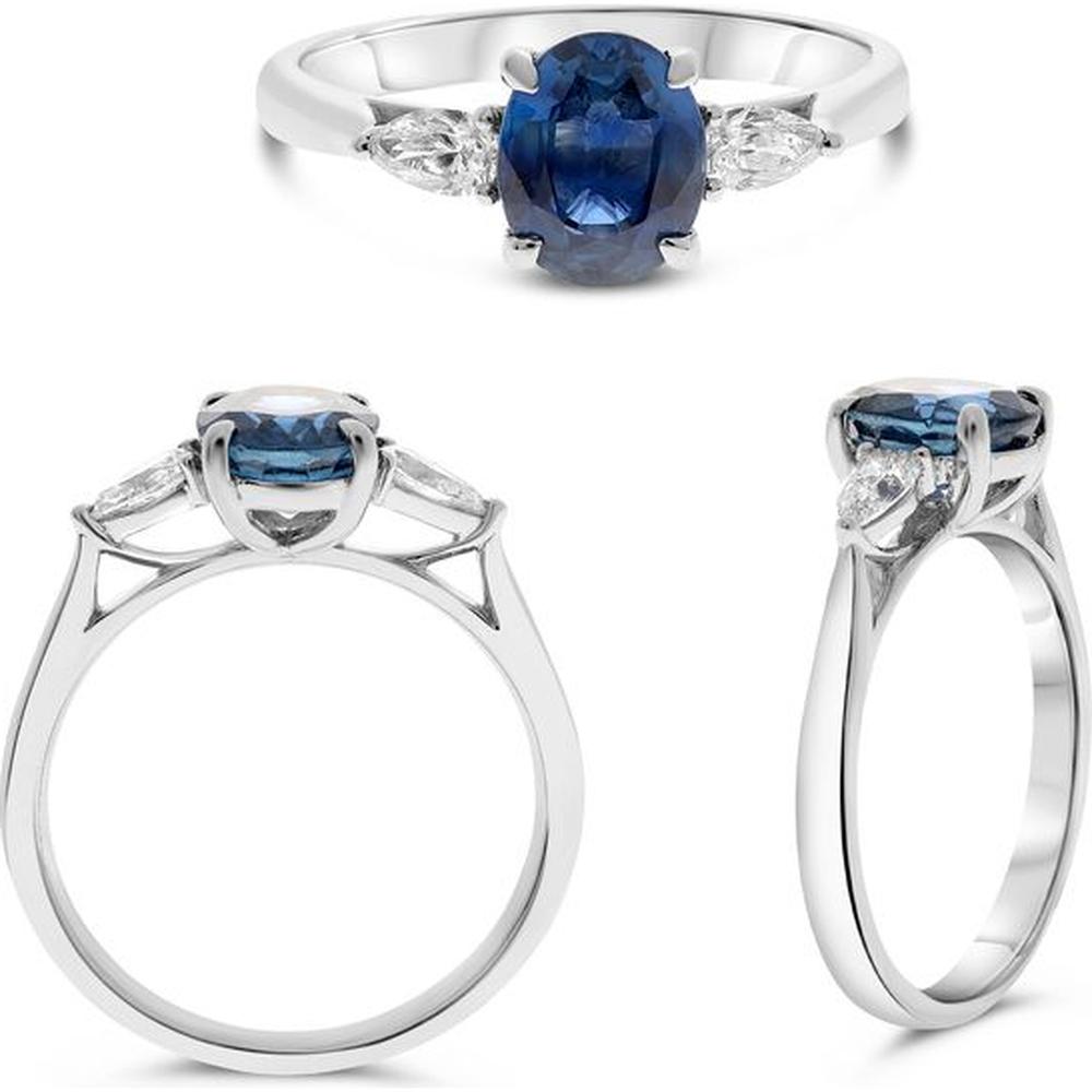 Roman & Jules - Platinum Three-Stone Ring with 1.81 Carat Oval Sapphire and 0.32 Carat Pear-Shaped Diamonds