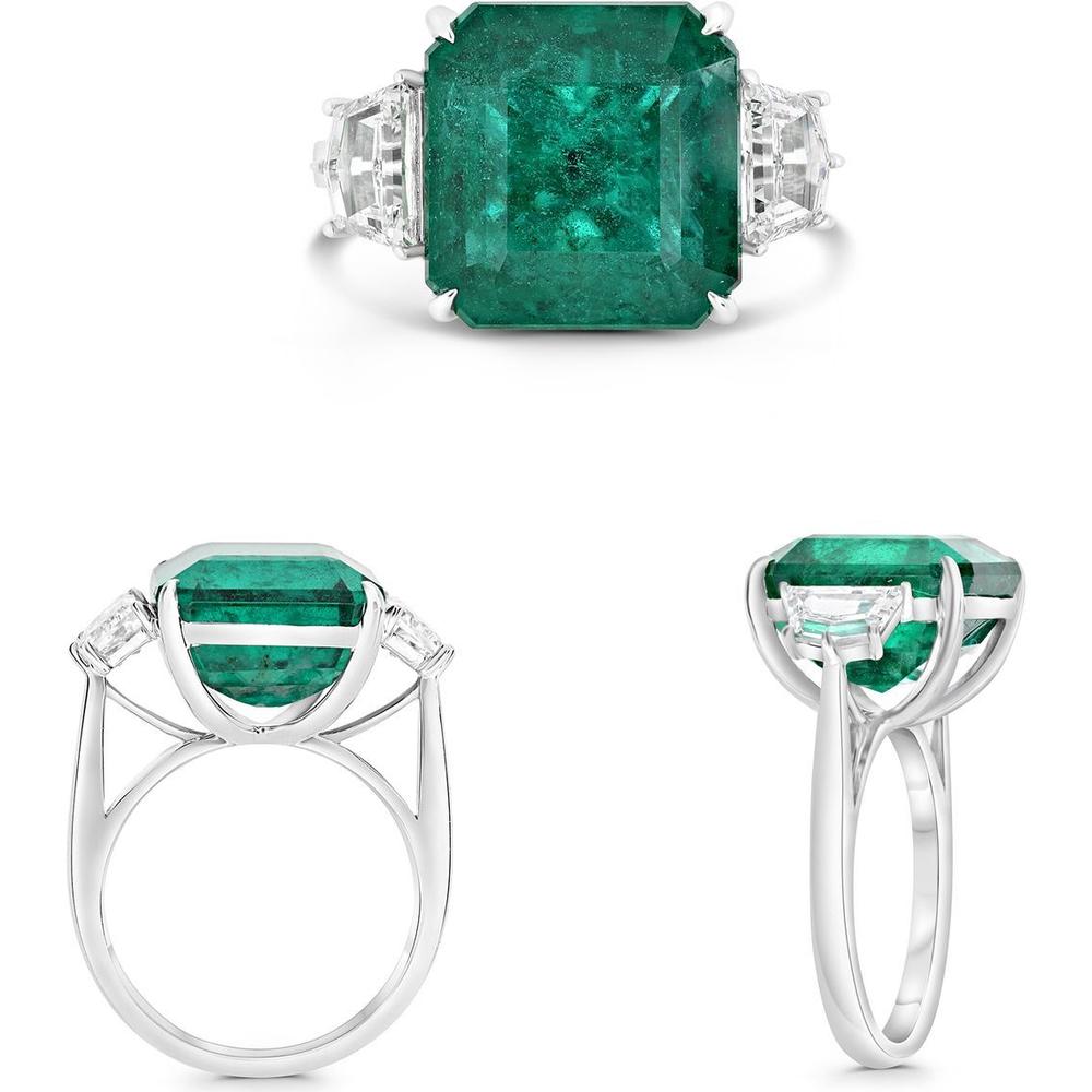 Roman & Jules - Platinum Three-Stone Ring with 10.33 Carat Emerald Cut Emerald and Tapered Diamond Accents