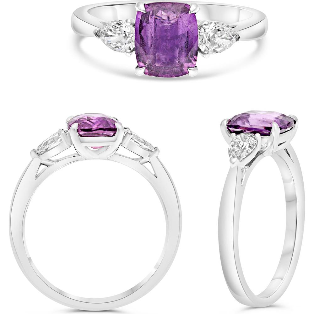 Roman & Jules - Platinum Three-Stone Ring with 2.01 Carat Cushion Pink Sapphire and 0.40 Carat Pear-Shaped Diamonds