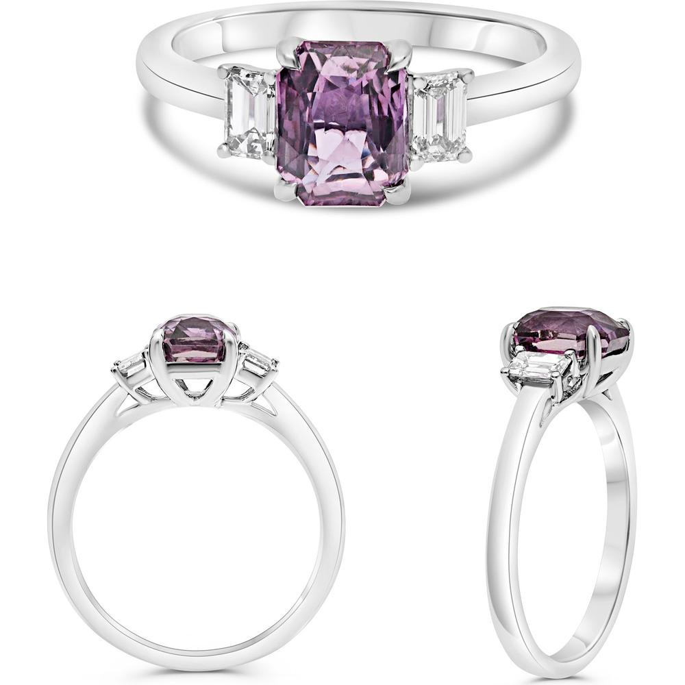Roman & Jules - Platinum Three-Stone Ring with 2.01 Carat Pink Sapphire and 0.34 Carat Emerald-Cut Diamonds
