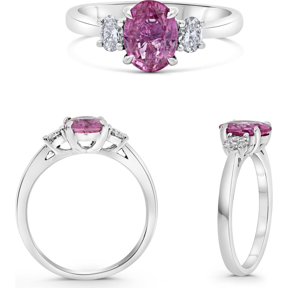 Roman & Jules - Platinum Three-Stone Ring with 2.02 Carat Oval Pink Sapphire and Oval Diamond Accents