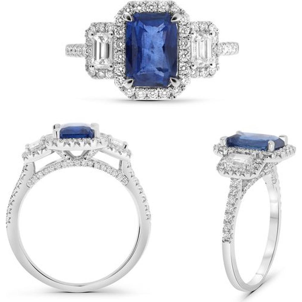 Roman & Jules - Platinum Three-Stone Ring with 2.03 Carat Emerald-Cut Sapphire and 0.74 Carat Total Diamond Weight