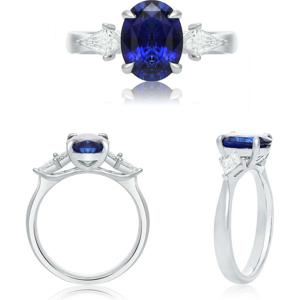 Roman & Jules - Platinum Three-Stone Ring with 2.09 Carat Oval Sapphire and Tapered Diamond Accents