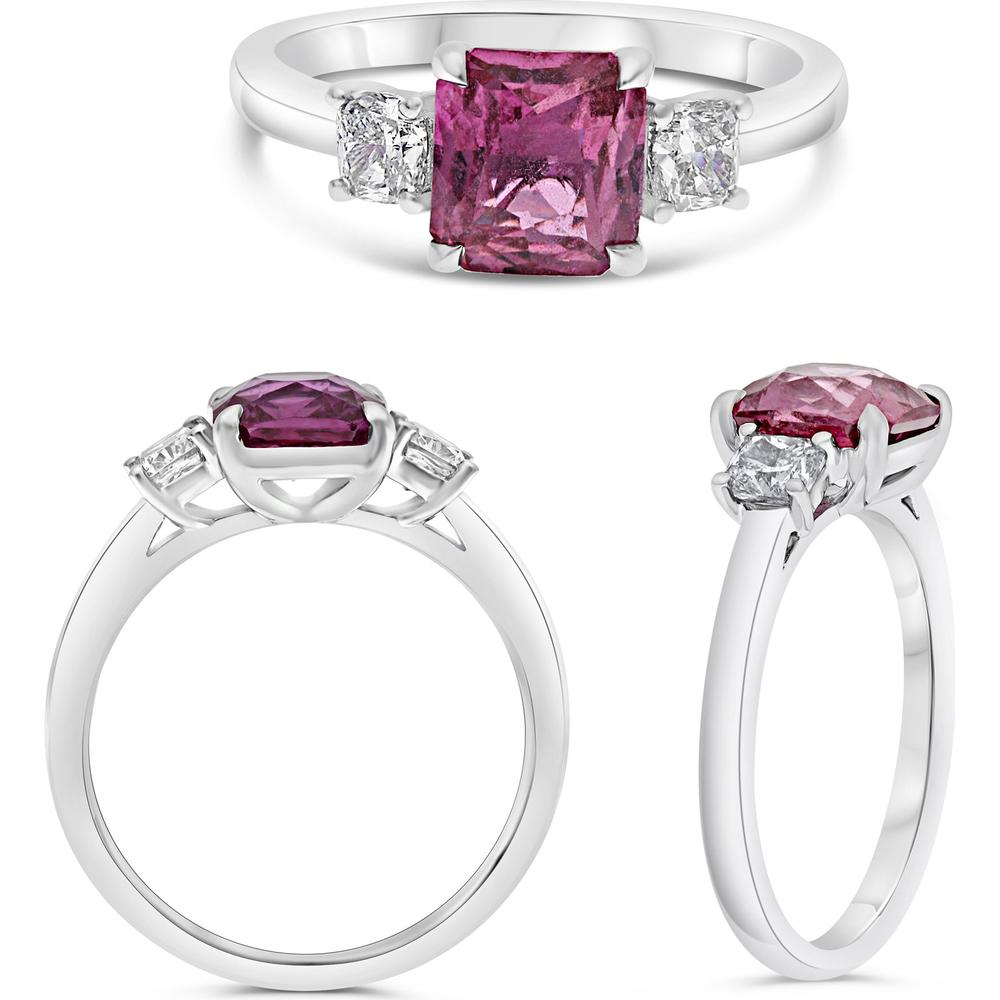 Roman & Jules - Platinum Three Stone Ring with 2.16 Carat Cushion Pink Sapphire and 0.51 Carat Cushion Diamonds