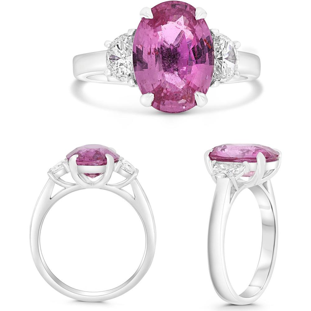 Roman & Jules - Platinum Three-Stone Ring with 2.23 Carat Pink Sapphire and 0.27 Carat Half-Moon Diamonds
