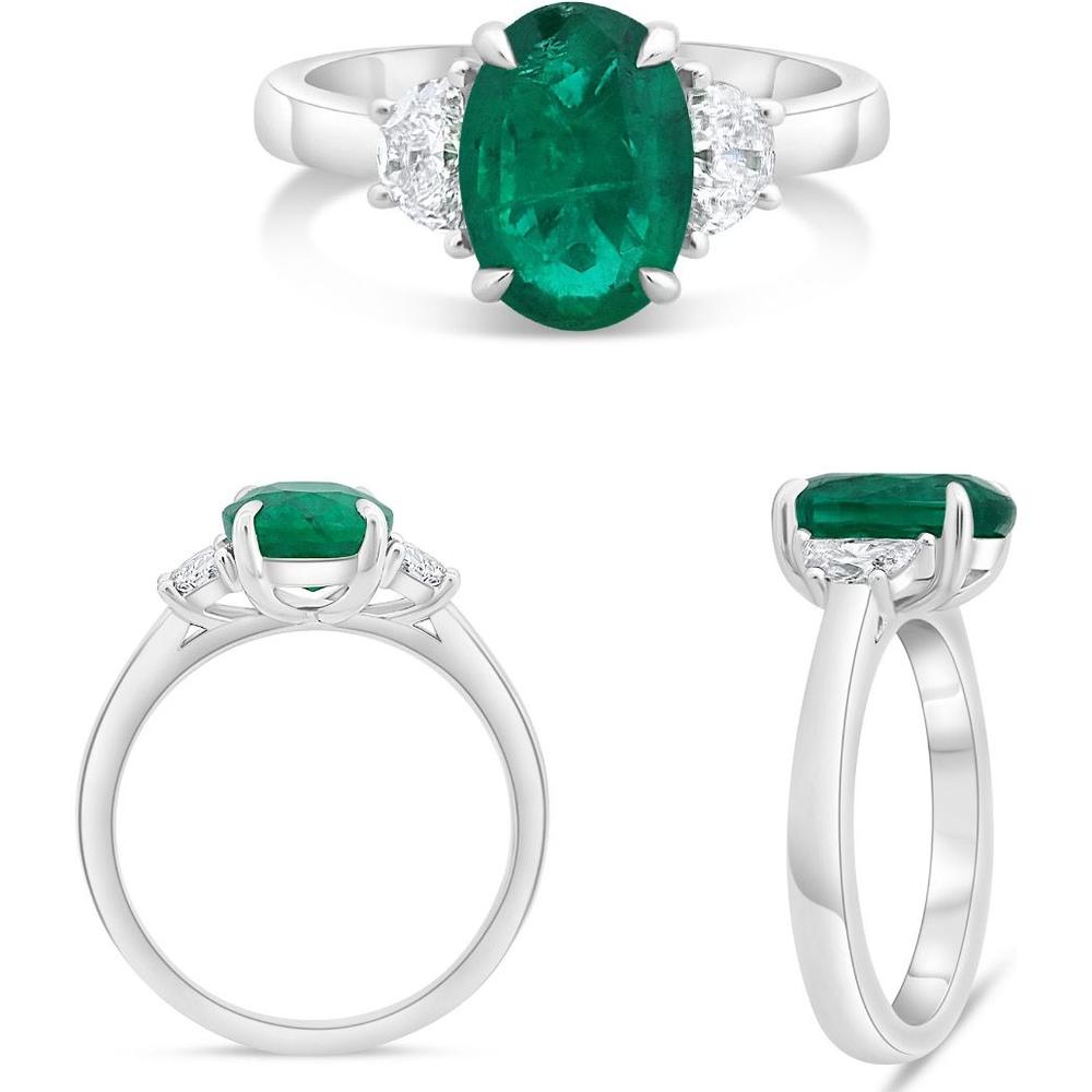 Roman & Jules - Platinum Three-Stone Ring with 2.30 Carat Oval Emerald and 0.39 Carat Total Half-Moon Diamonds