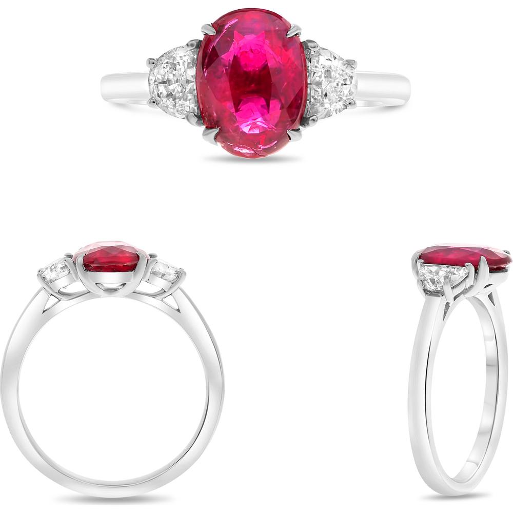 Roman & Jules - Platinum Three-Stone Ring with 2.32 Carat Oval Ruby and Diamond Side Accents