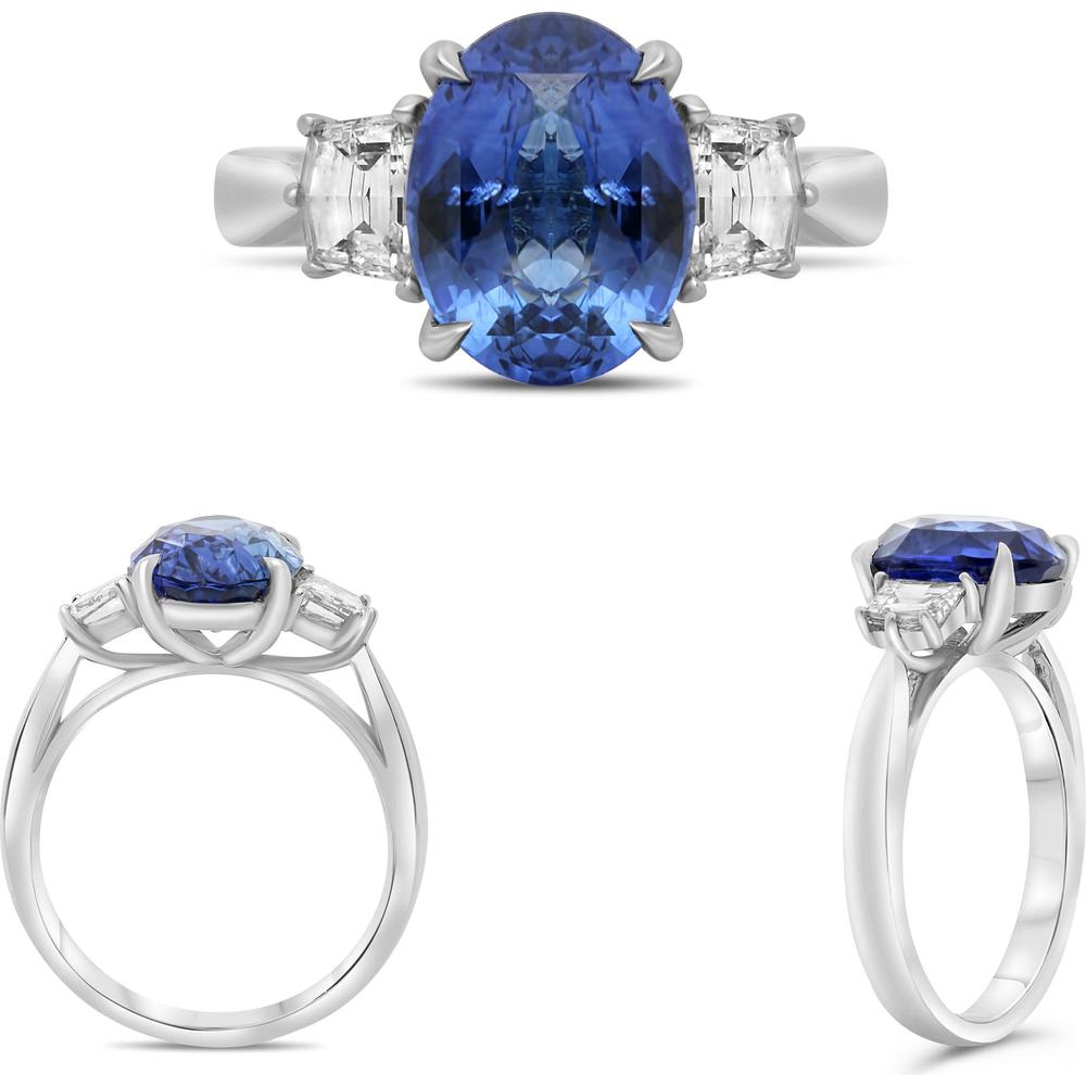 Roman & Jules - Platinum Three-Stone Ring with 2.58 Carat Oval Sapphire and 0.36 Carat Diamond Accents