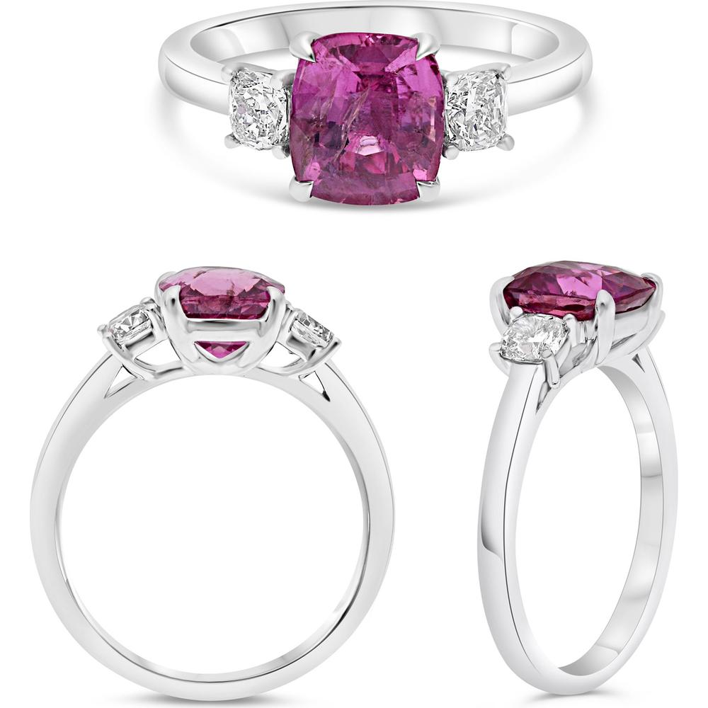 Roman & Jules - Platinum Three-Stone Ring with 2.62 Carat Pink Cushion Sapphire and 0.48 Carat Cushion Diamonds