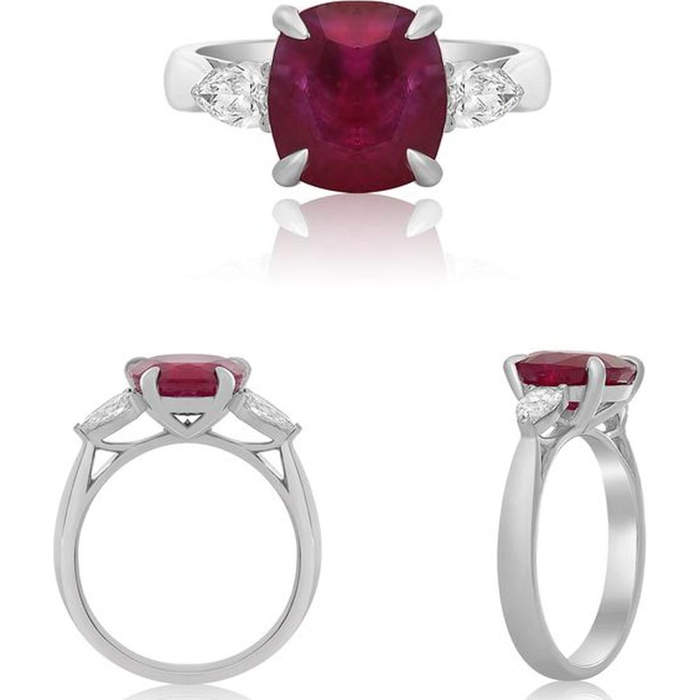 Roman & Jules - Platinum Three-Stone Ring with 2.78 Carat Cushion Ruby and 0.47 Carat Pear-Shaped Diamonds