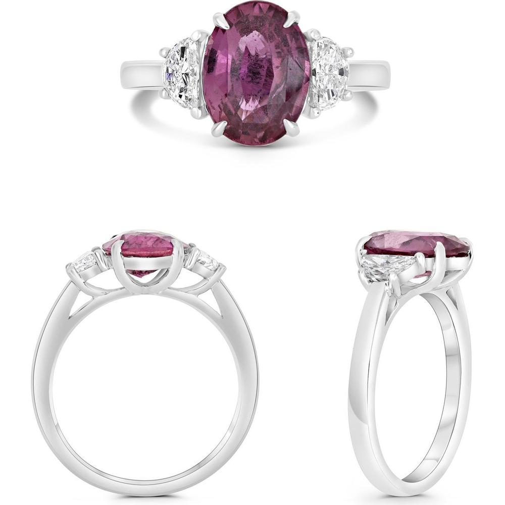 Roman & Jules - Platinum Three-Stone Ring with 2.86 Carat Oval Pink Sapphire and 0.48 Carat Half-Moon White Diamonds