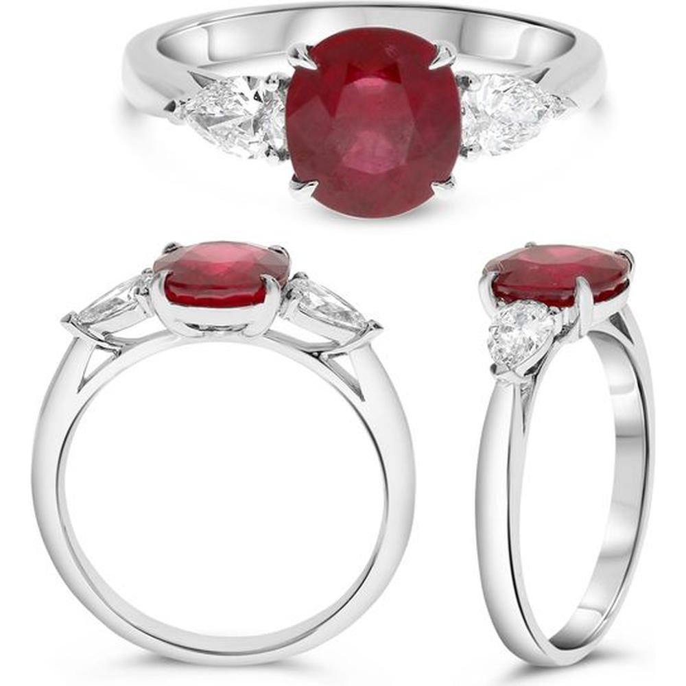 Roman & Jules - Platinum Three-Stone Ring with 2.91 Carat Oval Ruby and 0.43 Carat Pear-Shaped Diamonds