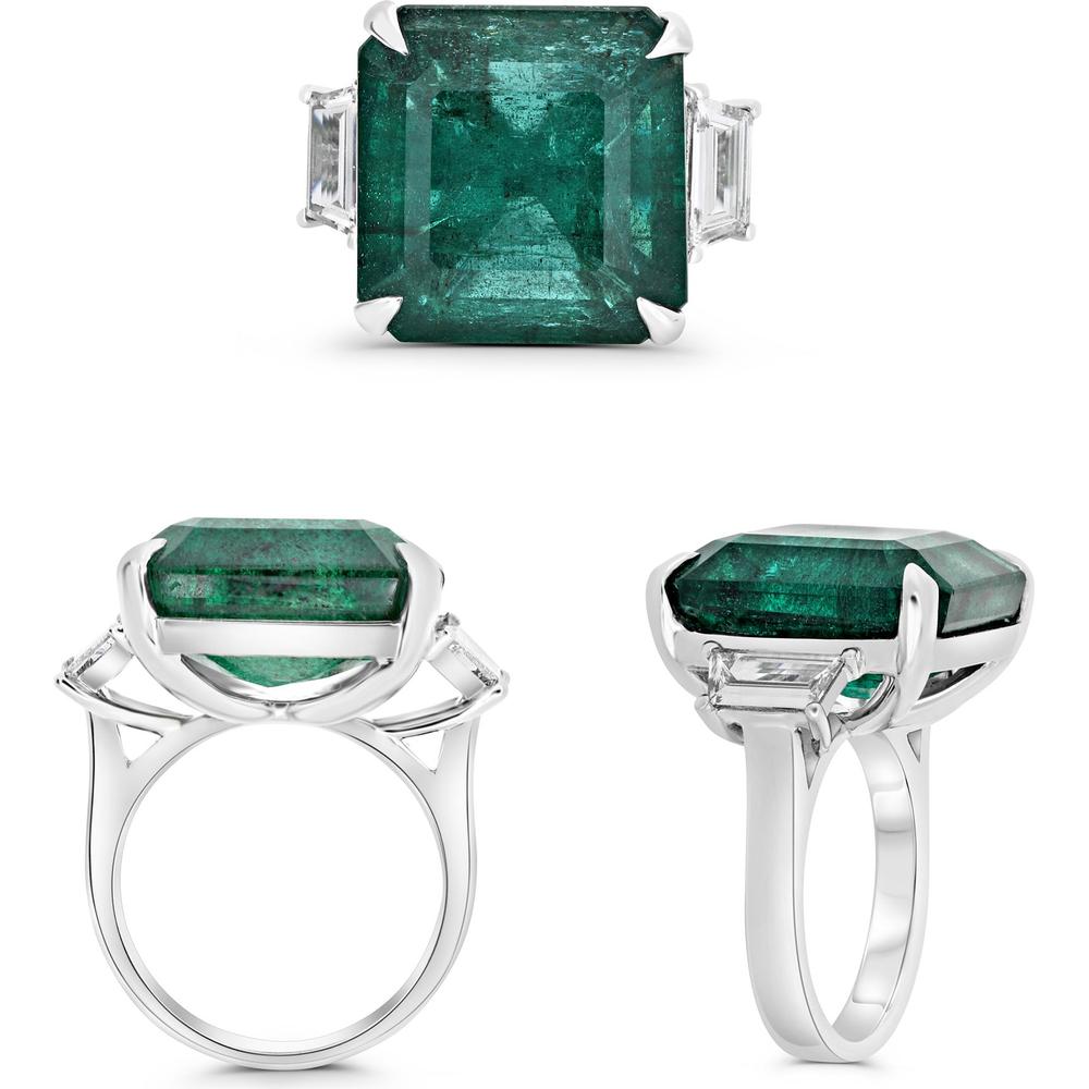 Roman & Jules - Platinum Three-Stone Ring with 21.11 Carat Emerald-Cut Emerald and Tapered Baguette Diamonds