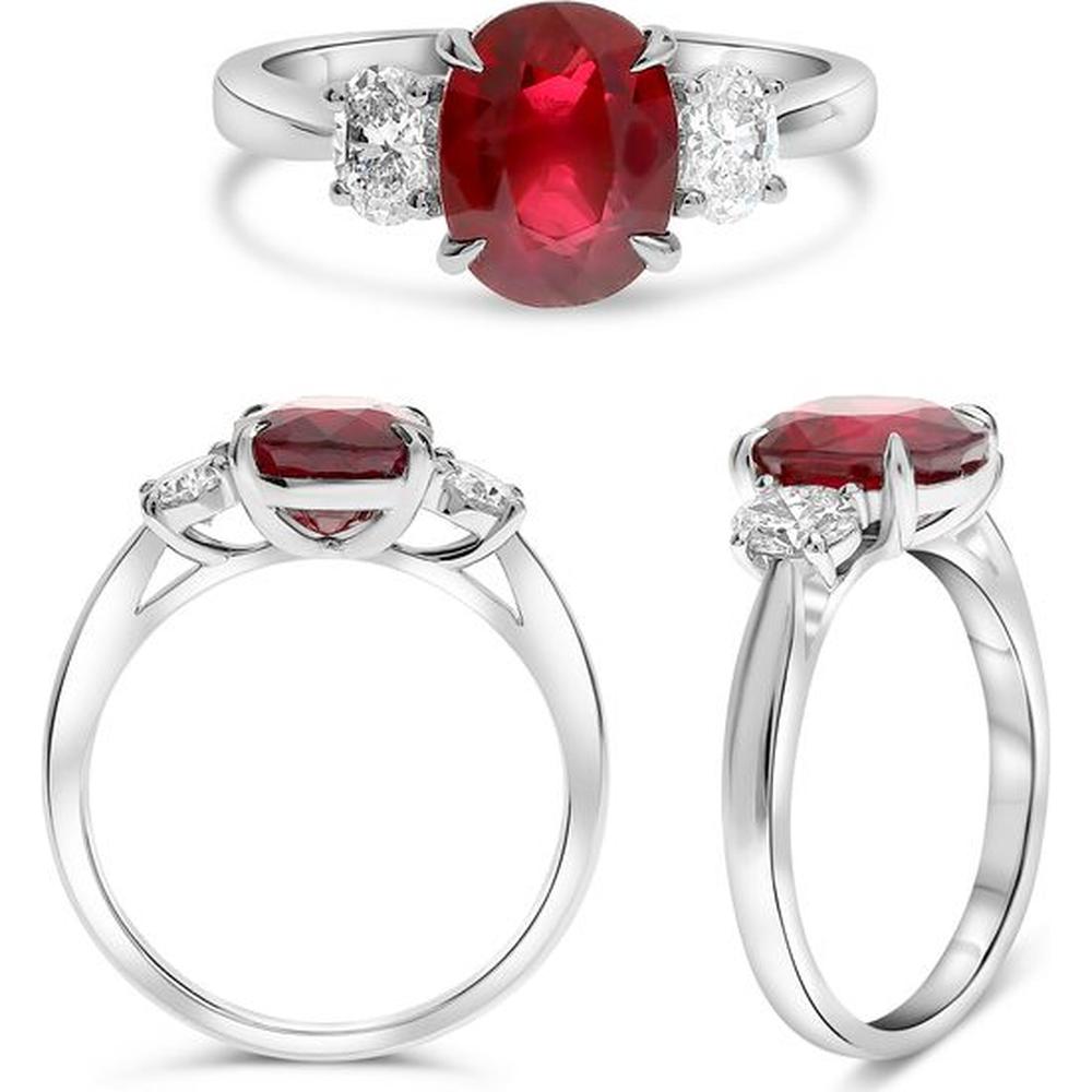 Roman & Jules - Platinum Three-Stone Ring with 3.01 Carat Oval Ruby and Round Diamonds