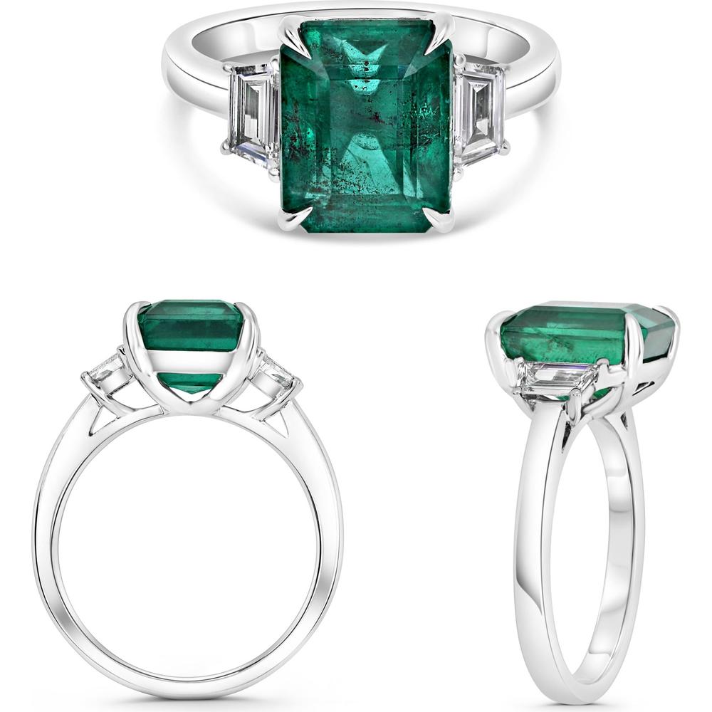 Roman & Jules - Platinum Three-Stone Ring with 3.02 Carat Emerald and 0.58 Carat Tapered Diamond Accents