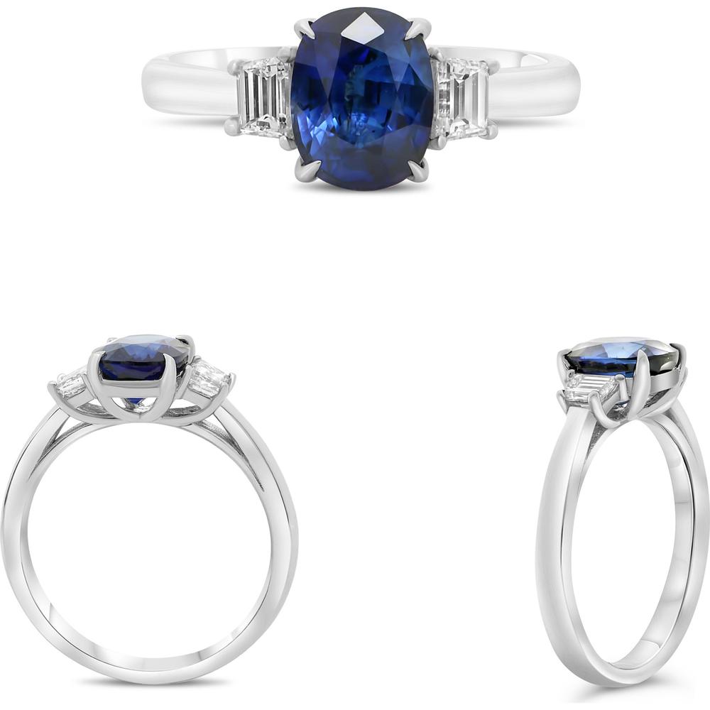 Roman & Jules - Platinum Three-Stone Ring with 3.04 Carat Oval Sapphire and Tapered Baguette Diamonds