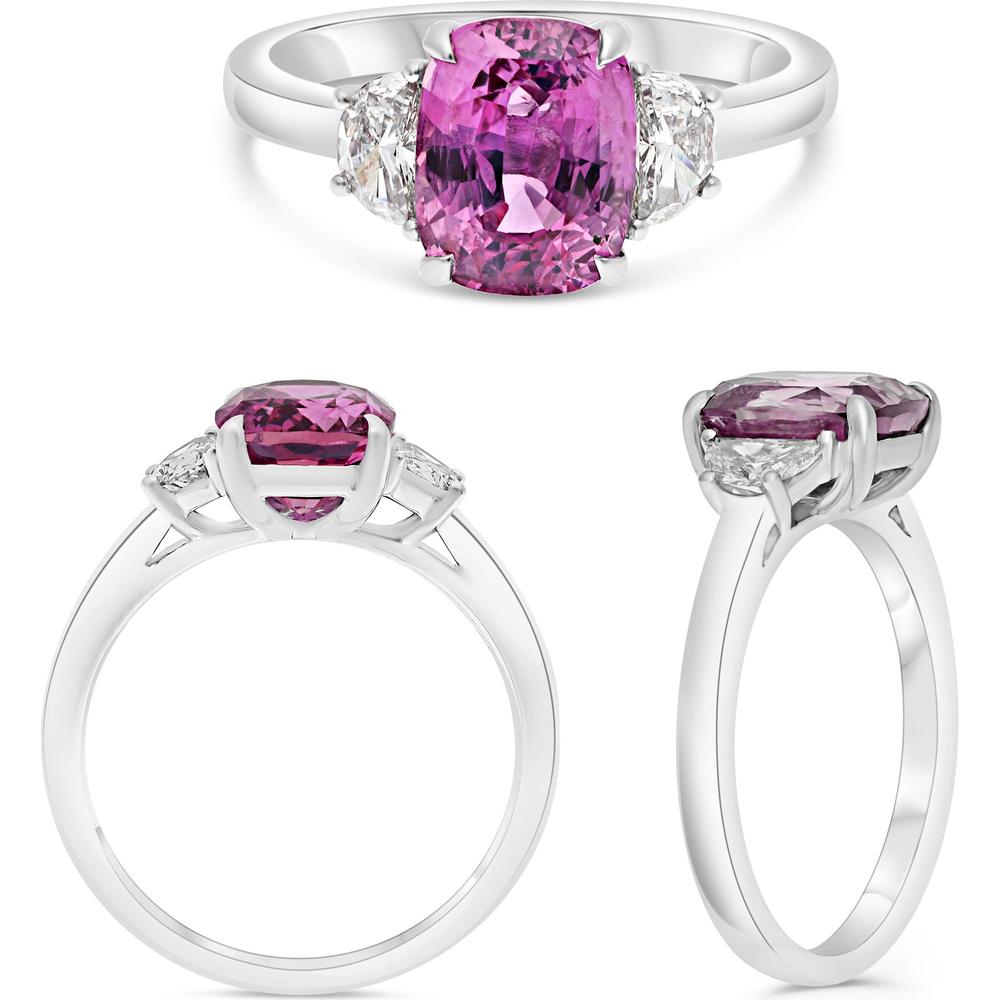Roman & Jules - Platinum Three-Stone Ring with 3.05 Carat Cushion Pink Sapphire and 0.37 Carat Half-Moon Diamonds
