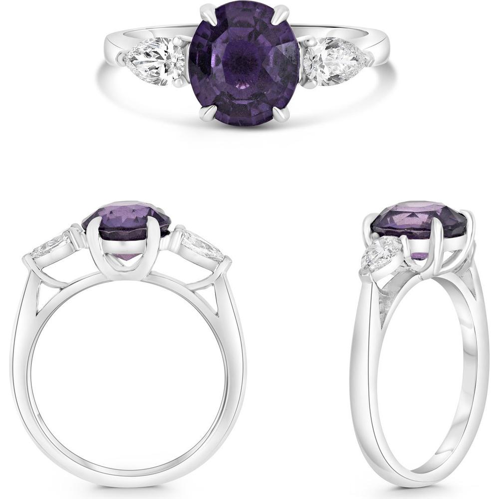 Roman & Jules - Platinum Three-Stone Ring with 3.05 Carat Oval Pink Sapphire and Pear-Shape White Diamonds