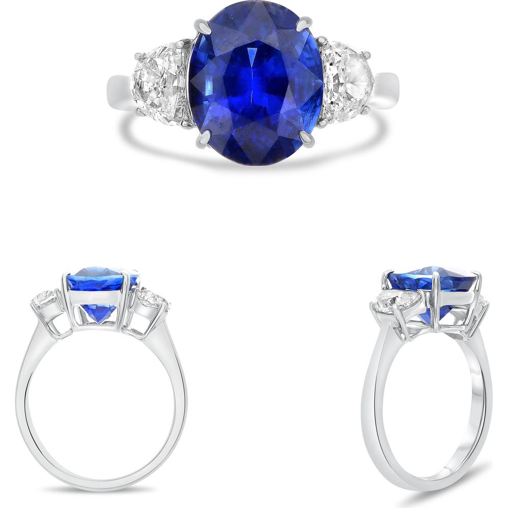 Roman & Jules - Platinum Three-Stone Ring with 3.11-Carat Oval Sapphire and Oval Diamond Accents