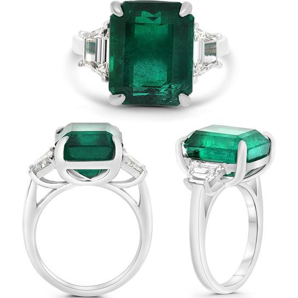 Roman & Jules - Platinum Three-Stone Ring with 3.17 Carat Emerald-Cut Emerald and Tapered Diamond Side Stones