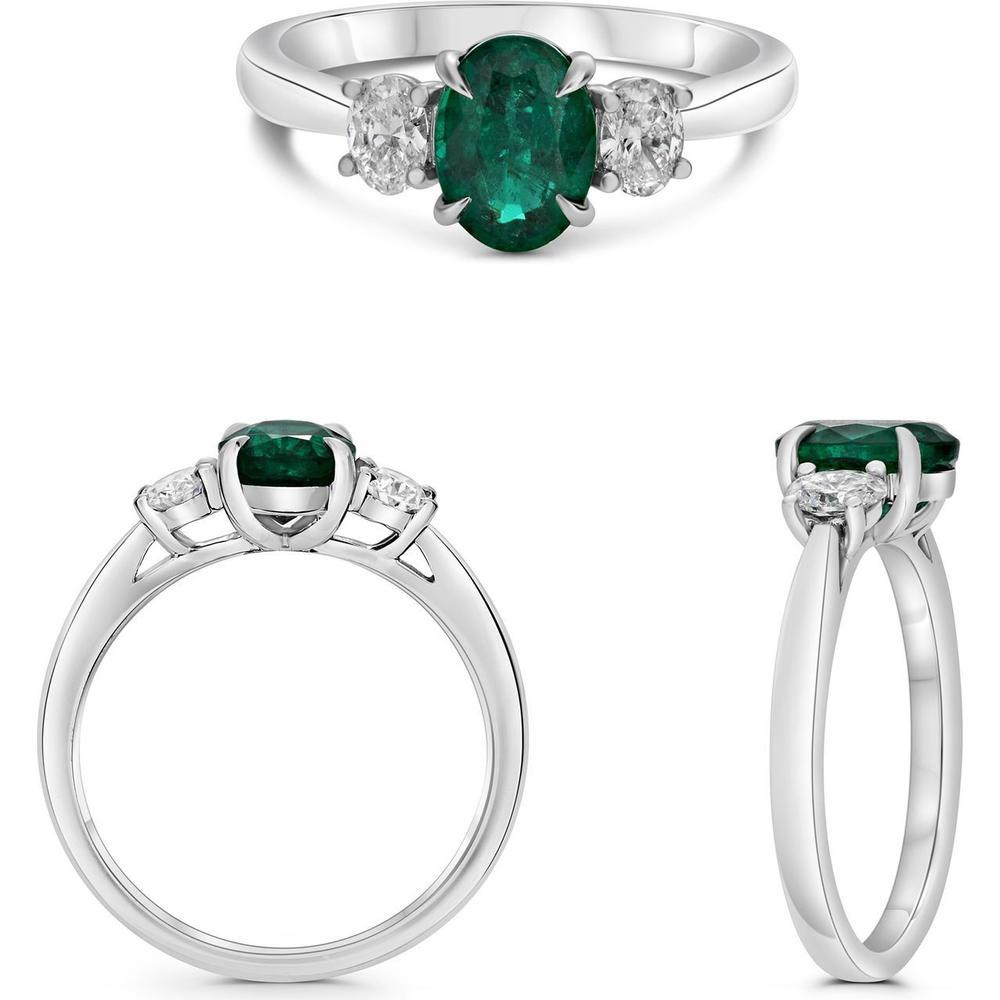 Roman & Jules - Platinum Three-Stone Ring with 3.20 Carat Oval Emerald and 0.49 Carat White Diamonds