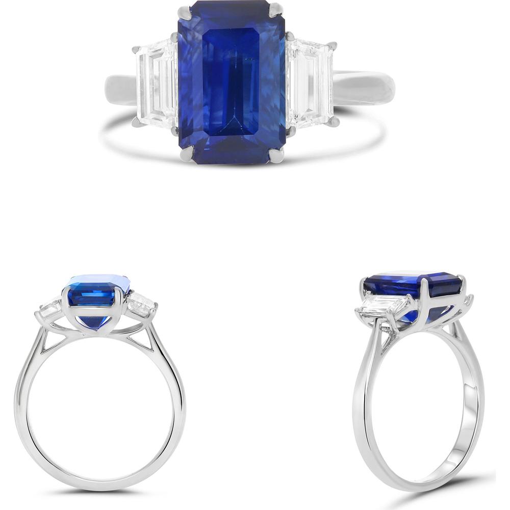 Roman & Jules - Platinum Three-Stone Ring with 3.21 Carat Emerald-Cut Sapphire and Tapered Diamond Side Stones