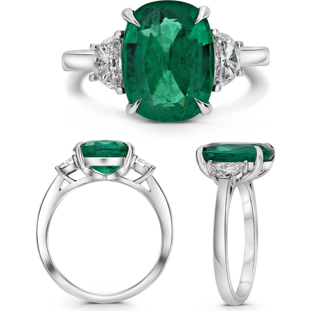 Roman & Jules - Platinum Three-Stone Ring with 3.69 Carat Oval Emerald and Diamond Accents