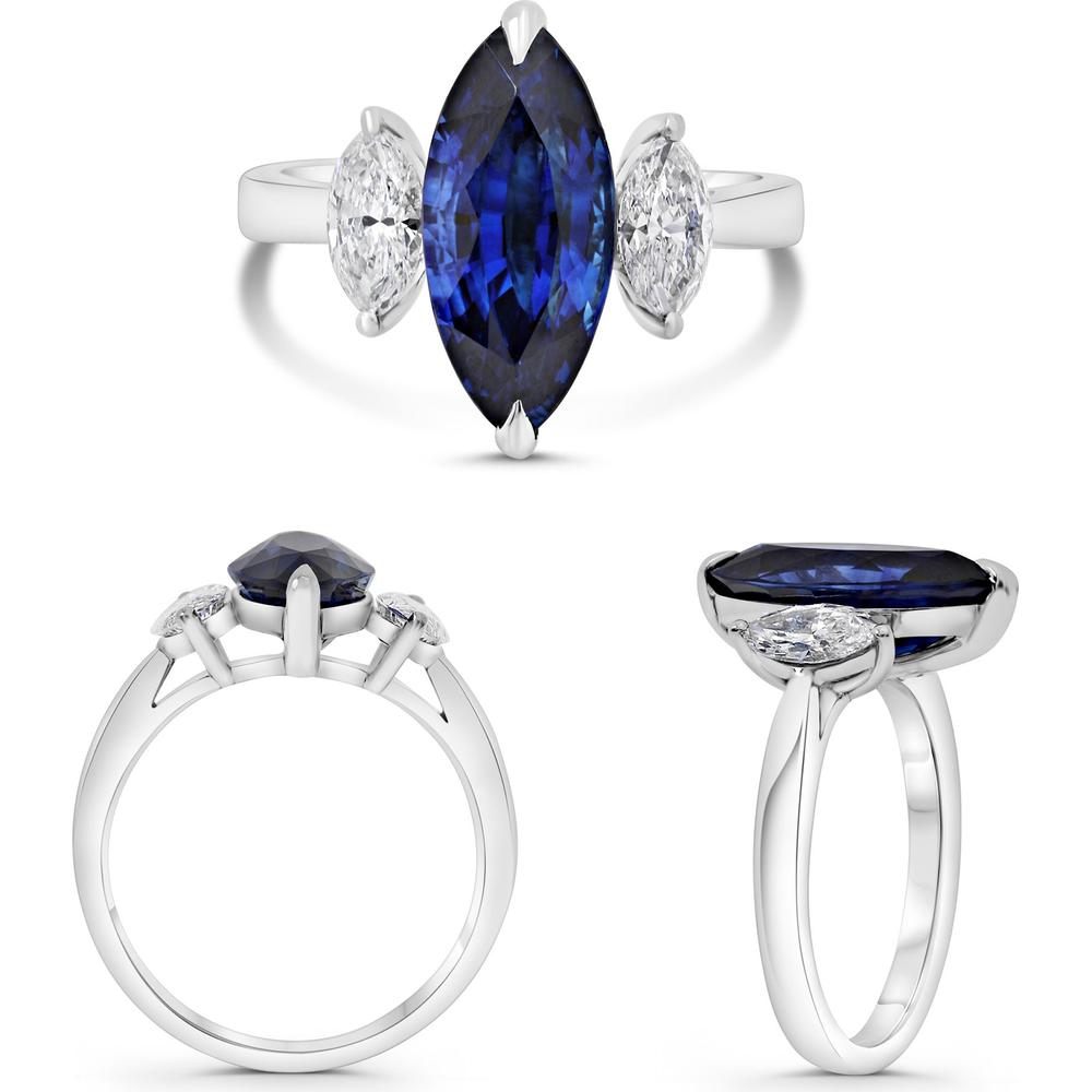 Roman & Jules - Platinum Three-Stone Ring with 4.01 Carat Marquise Sapphire and Marquise Diamond Accents