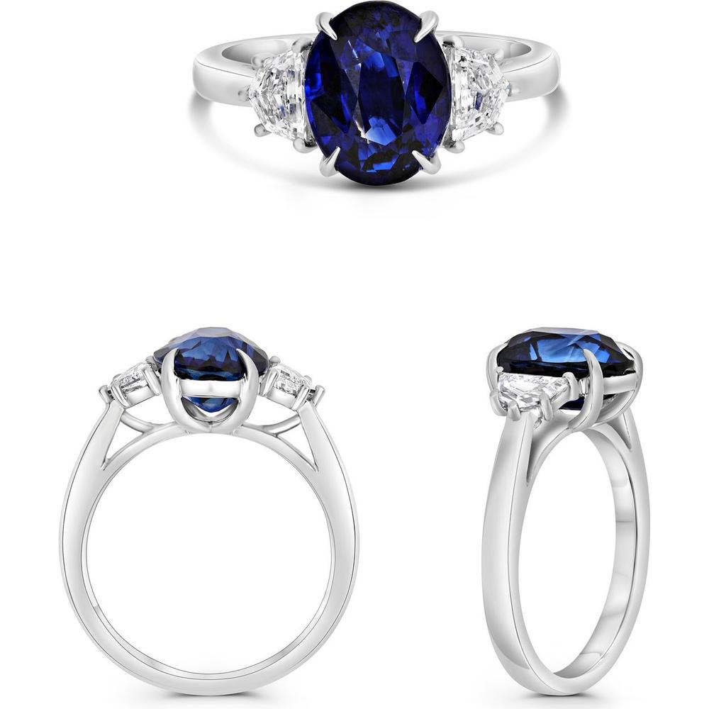 Roman & Jules - Platinum Three-Stone Ring with 4.01 Carat Oval Sapphire and Diamond Accents