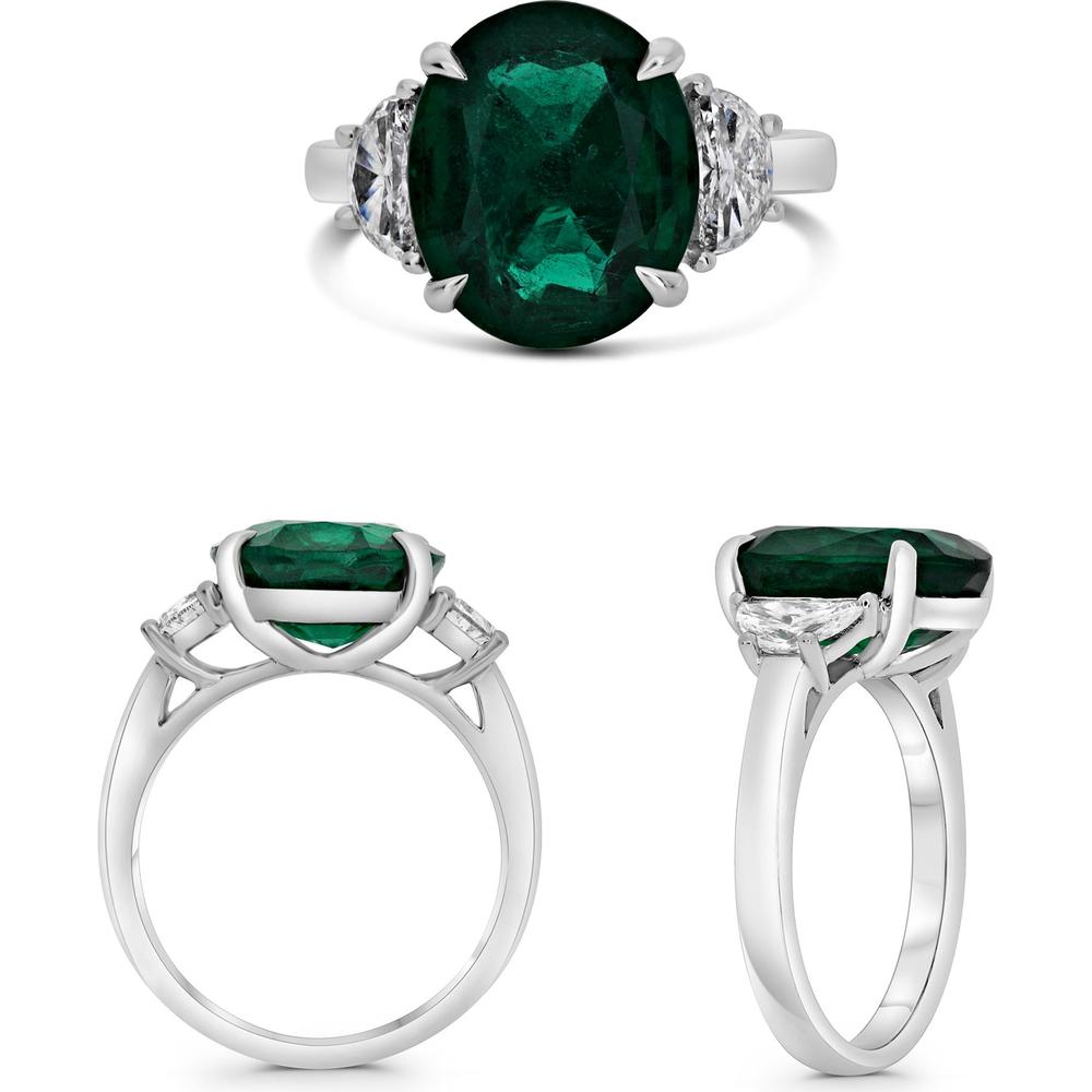 Roman & Jules - Platinum Three-Stone Ring with 4.47 Carat Oval Emerald and Tapered Diamonds
