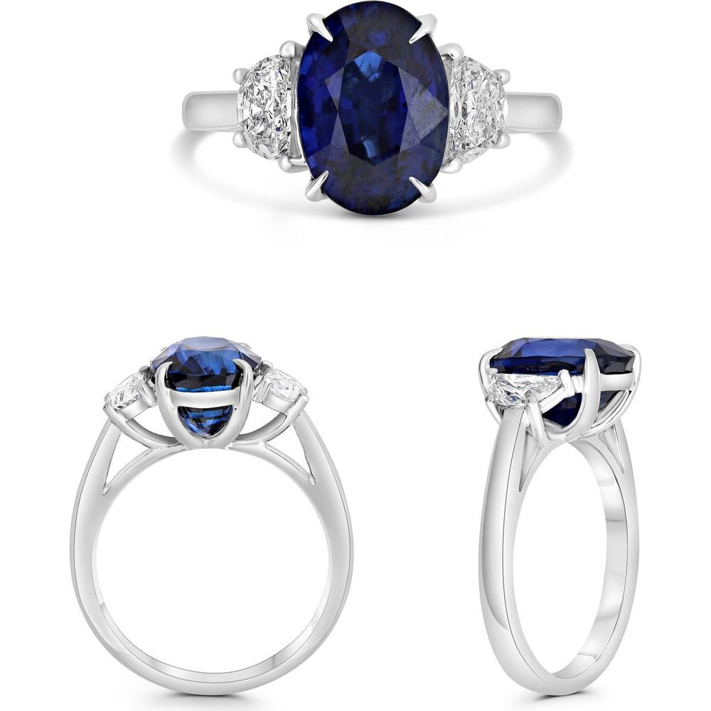 Roman & Jules - Platinum Three-Stone Ring with 5.52 Carat Oval Sapphire and Half-Moon Diamonds