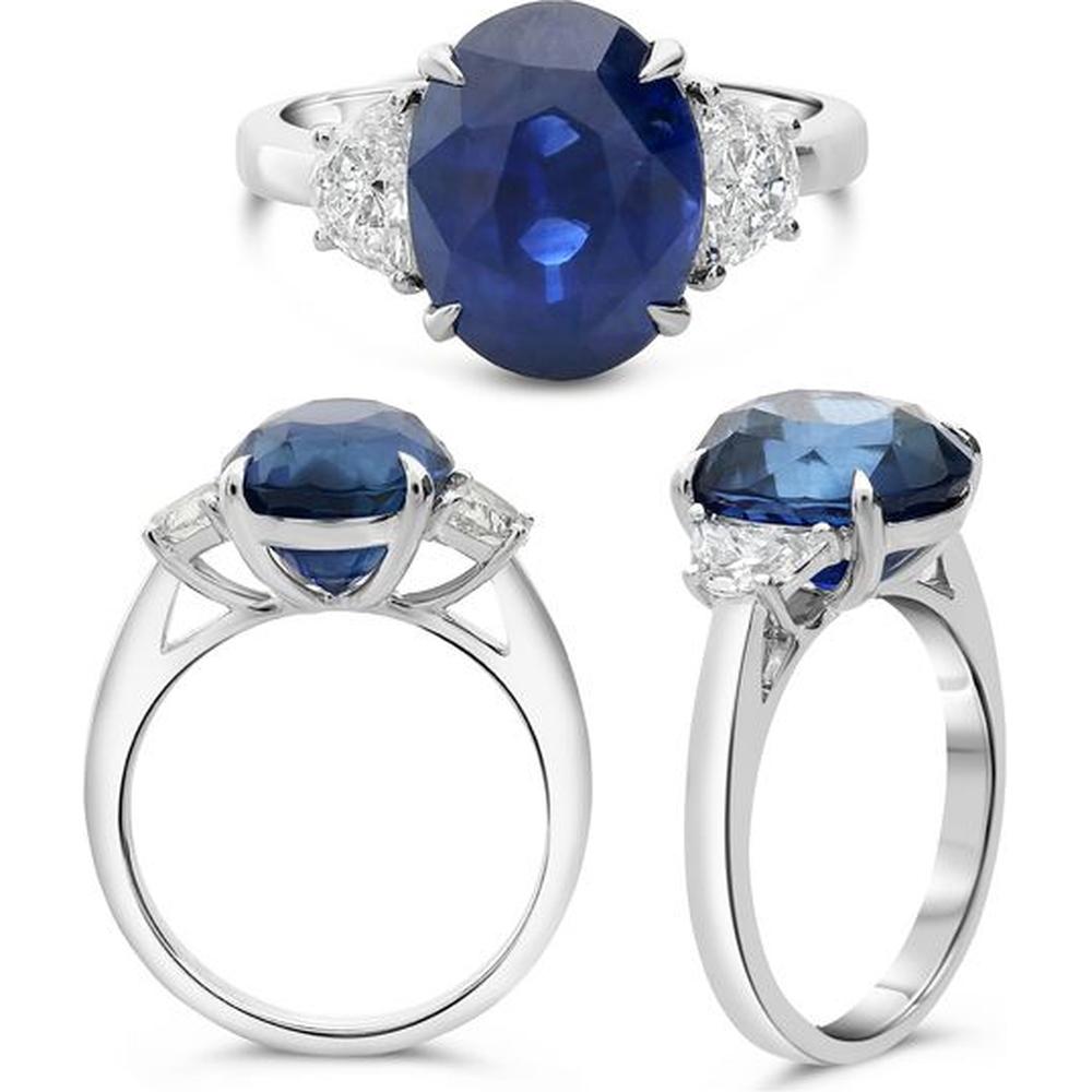 Roman & Jules - Platinum Three-Stone Ring with 5.64 Carat Oval Sapphire and Diamond Accents