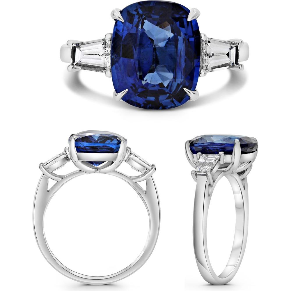 Roman & Jules - Platinum Three-Stone Ring with 6.06 Carat Cushion Blue Sapphire and 0.58 Carat Tapered Baguette Diamonds