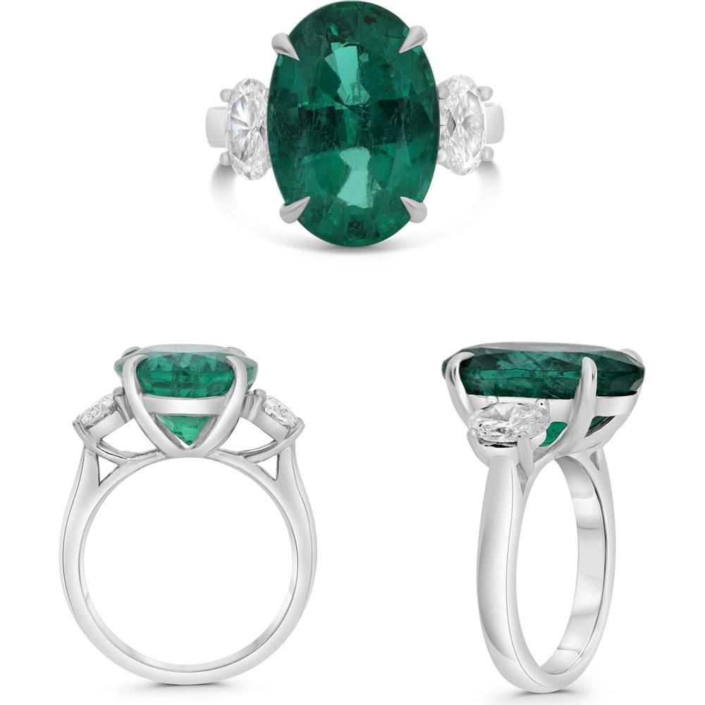 Roman & Jules - Platinum Three-Stone Ring with 8.63 Carat Oval Emerald and Diamond Accents