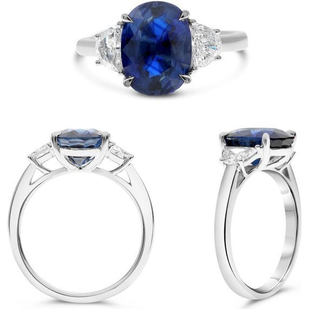 Roman & Jules - Platinum Three-Stone Ring with 8.64 Carat Oval Sapphire and Diamond Accents