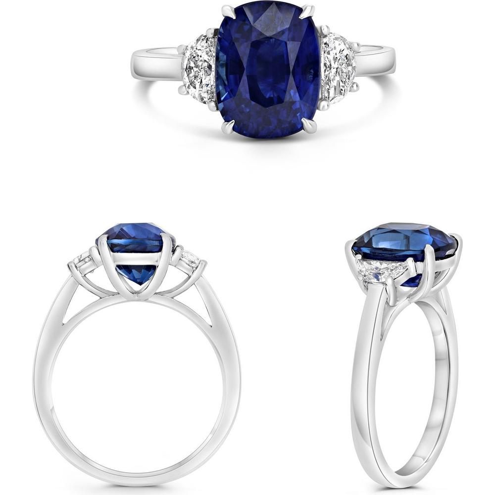 Roman & Jules - Platinum Three-Stone Ring with 9.68 Carat Cushion Sapphire and Diamond Accents