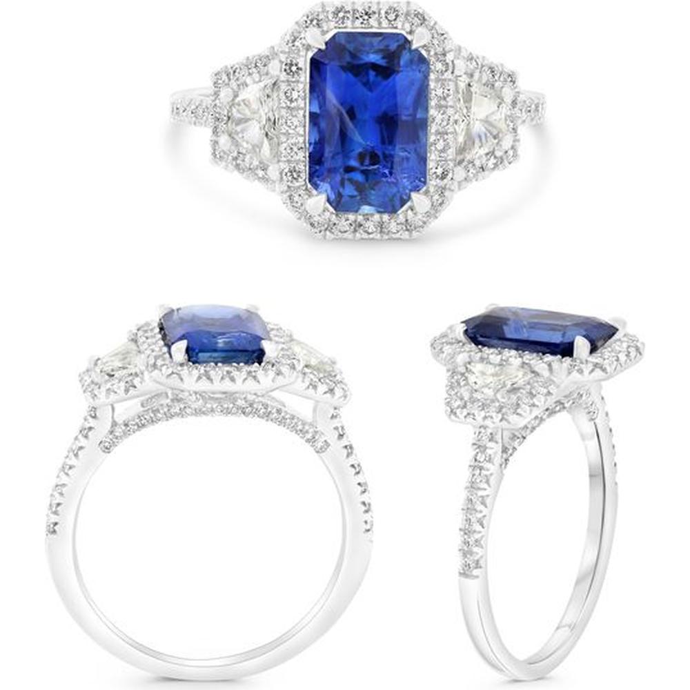 Roman & Jules - Platinum Three-Stone Ring with Emerald-Cut Sapphire and Round & Trapezoid Diamonds - 2.49 Carat Sapphire, 0.52 Carat Round Diamonds, 0.31 Carat Trapezoid Diamonds