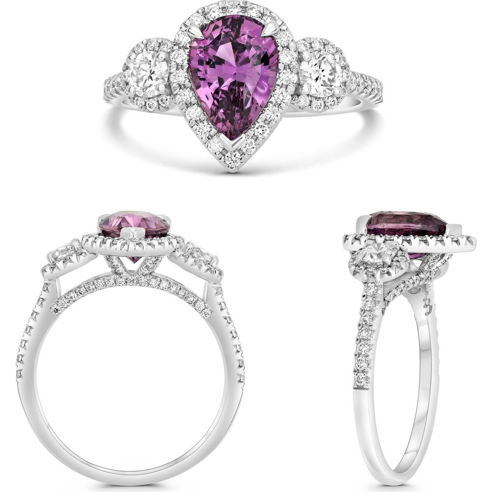 Roman & Jules - Platinum Three-Stone Ring with Pear-Cut Purple Spinel and Round Diamonds - 3.84 Carat Center Stone with 0.89 Carat Total Diamond Weight