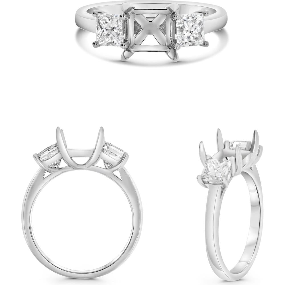 Roman & Jules - Platinum Three-Stone Semi-Mount Ring with Princess-Cut Diamond Side Stones - 1.53 Carat Total Diamond Weight