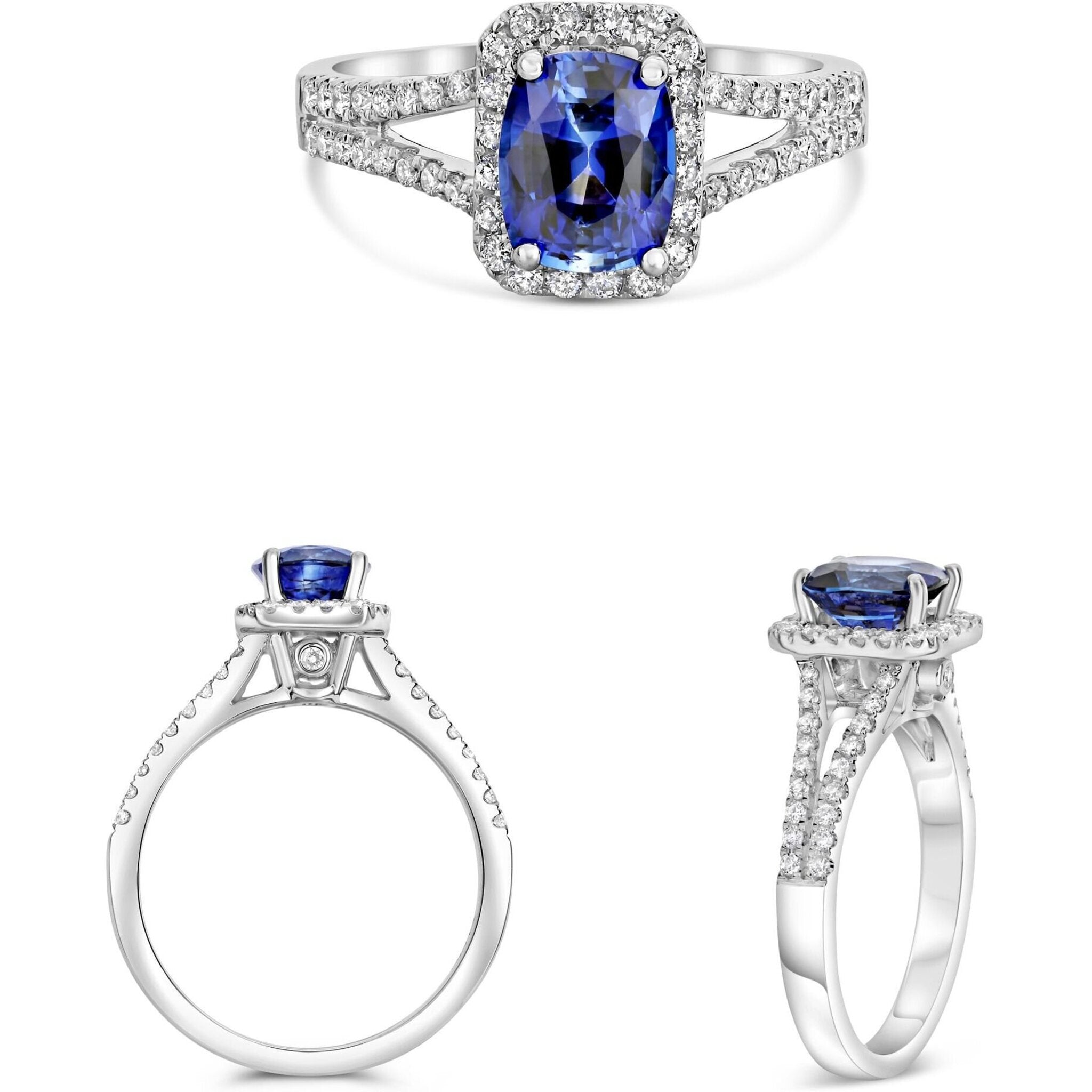 Roman & Jules 14K White Gold Cushion Sapphire Ring with 0.49 Carat Round Diamonds - 1.56 Carat Total Gem Weight